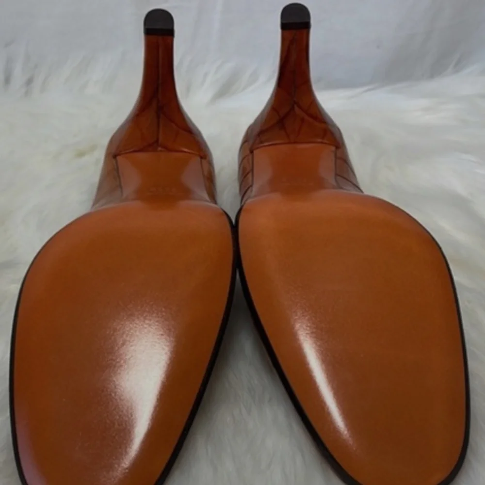 Bally Cognac Leather Croc Heels Sz 37/US 6.5